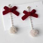 Sterling Silver Pom Pom Drop Earring 1 Pair - A-525 - Red & White & Beige - One Size
