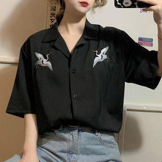 Crane Embroidered Short-sleeve Blouse
