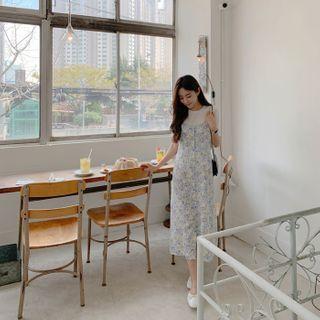 Floral Long Pinafore Dress Sky Blue - One Size