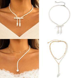 Faux Pearl Bow Necklace / Layered Chain Necklace