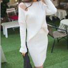 Set: Plain Cutout Shoulder Sweater + Plain Knit Straight-fit Skirt