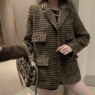 Notch Lapel Single-breasted Tweed Jacket Khaki - One Size