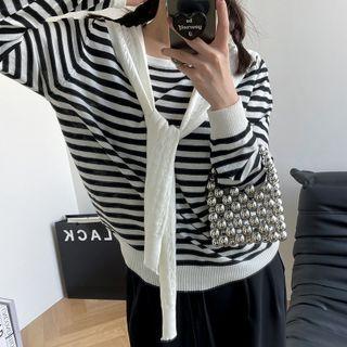 Set: Long-sleeve Striped Knit Top + Shawl