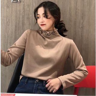 Animal Embroidered Mock Neck Long-sleeve T-shirt