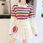 Set: Collared Striped Long-sleeve T-shirt + Pleated A-line Mini Skirt