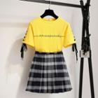 Set: Short-sleeve Embroidered T-shirt+ Mini Pleated Skirt