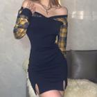 Long-sleeve Off-shoulder Plaid Panel Mini Bodycon Dress