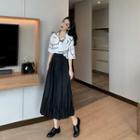 Short-sleeve Printed Blouse / Elastic Waist Midi Skirt