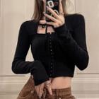 Long-sleeve Square-neck Zip-up Cropped Top