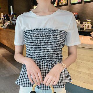 Mock Two-piece Checker Paneled T-shirt