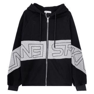 Long-sleeve Color Block Lettering Zip Hooded Jacket Jacket - One Size