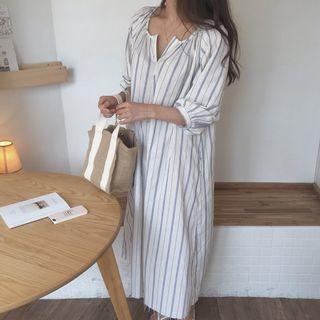 Split Neck Striped Shirt Dress White - One Size