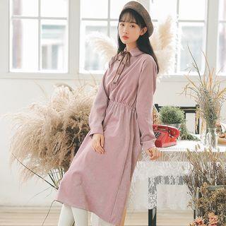 Ribbon-neck A-line Midi Dress