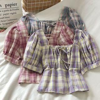Plaid Square Neck Puff-sleeve Crop Blouse