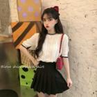 Elbow-sleeve Heart Knit Top / Pleated Mini A-line Skirt