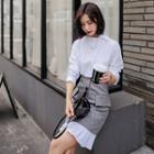 Set: Contrast Stitching Long-sleeve Shirt + Striped Mini A-line Skirt
