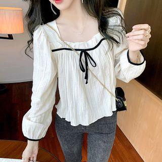 Long-sleeve Square-neck Bow Chiffon Blouse