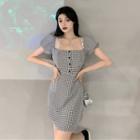 Puff-sleeve Square-neck Gingham Mini A-line Dress