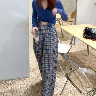 Long-sleeve Drawstring T-shirt / Plaid Wide Leg Pants