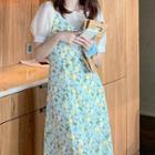 Set: Puff-sleeve Top + Floral Print Midi A-line Dress