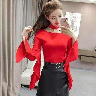 Bell-sleeve Tie Accent Plain Knit Top