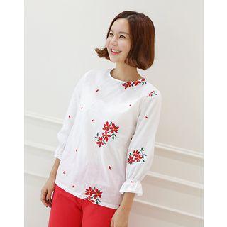 Crew-neck Embroidered-floral Top