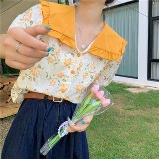 Peter Pan Collar Flower Color Block Short-sleeve Shirt