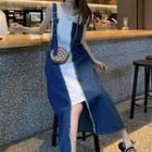 Two-tone Denim Midi Overall Dress Blue & White - One Size