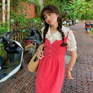 Short-sleeve Eyelet Lace Shirt / Plaid Midi Overall Dress