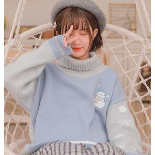 Long-sleeve Christmas Embroidery Sweater Sky Blue - L