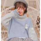 Long-sleeve Christmas Embroidery Sweater Sky Blue - L