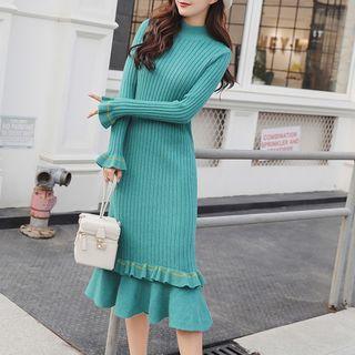 Mock Neck Ruffle-hem Midi Sweater Dress