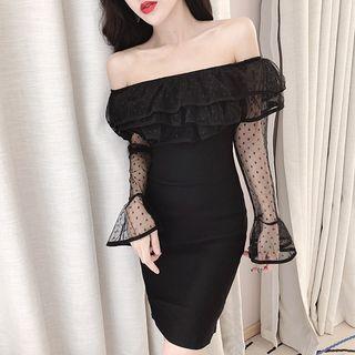 Mesh Panel Off-shoulder 3/4-sleeve Sheath Dress