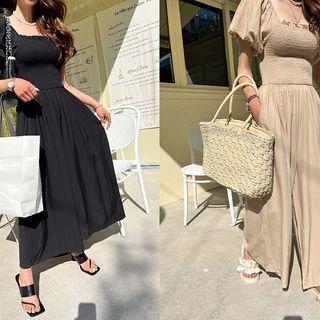 Puff-sleeve Smocked Culottes Jumpsuit