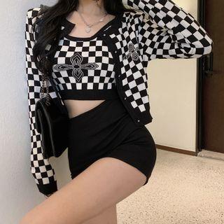 Check Cropped Cardigan / Camisole Top