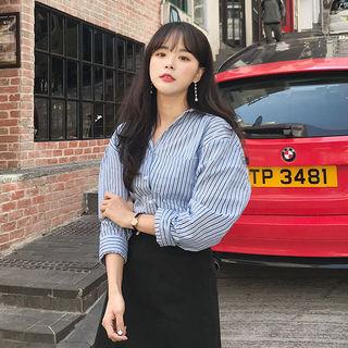 Pocket-front Wide-cuff Stripe Shirt
