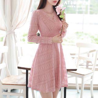 V-neck Shirred Lace Flare Dress