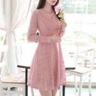V-neck Shirred Lace Flare Dress