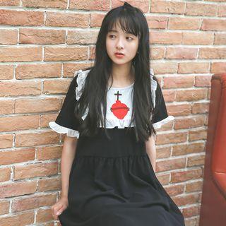 Short-sleeve Frilled Trim Embroidered Dress