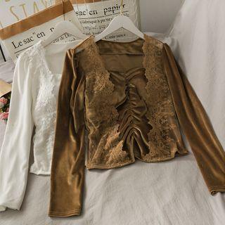 Lace-panel Ruched Velvet Crop Top