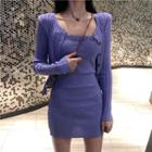 Set: Lettering Spaghetti Strap Mini Sheath Dress + Cardigan