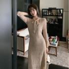 Tie-neck Long-sleeve Shirred A-line Dress