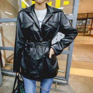 Faux-leather Field Jacket With Sash