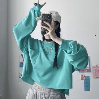 Front Pocket Crewneck Cropped Pullover