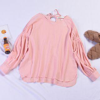 Lace-up Back Long-sleeve Top Pink - One Size