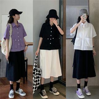 Elbow-sleeve Plaid Shirt / Midi Skirt