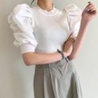 Puff-sleeve Rib Knit Top White - One Size