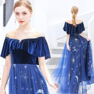 Sequined Mesh Panel A-line Evening Gown