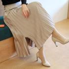 Slit-side Accordion-pleat Satin Skirt