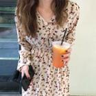 Floral V-neck Long-sleeve Loose-fit Dress As Shown In Figure - One Size